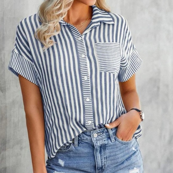 Delilah Wear Tops - New striped short sleeve button down top